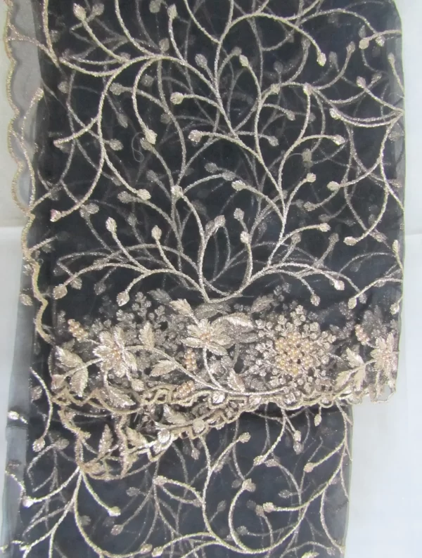 Golden Flora Elegance – Black Embroidered Scarf & Dupatta - Image 7