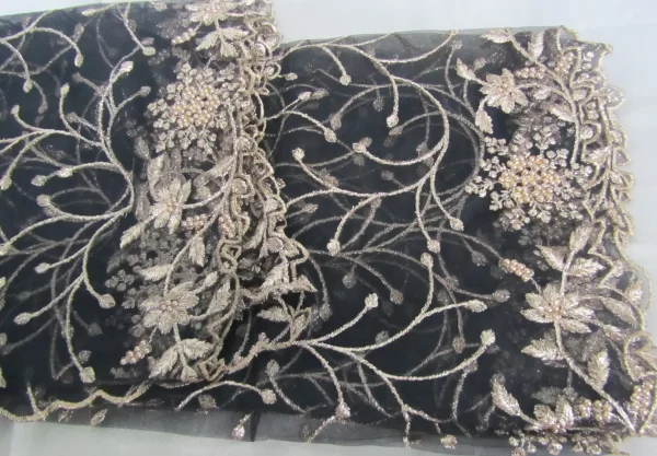 Golden Flora Elegance – Black Embroidered Scarf & Dupatta - Image 6