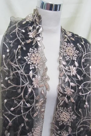 Golden Flora Elegance – Black Embroidered Scarf & Dupatta