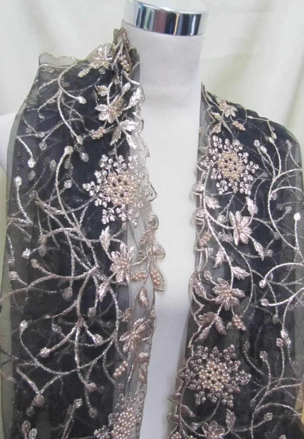 Golden Flora Elegance – Black Embroidered Scarf & Dupatta
